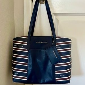 Large Tommy Hilfiger tote bag.  Navy with red and white stripes